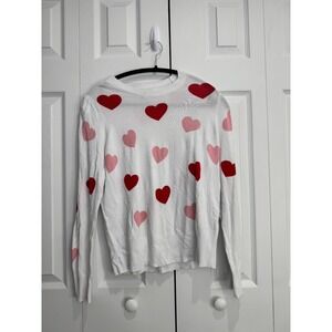 Marled Sweater Women's Medium White Red Heart Print Long Sleeve Pullover Stretch